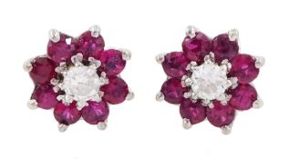 Pair of 18ct gold ruby and round brilliant cut diamond cluster stud earrings