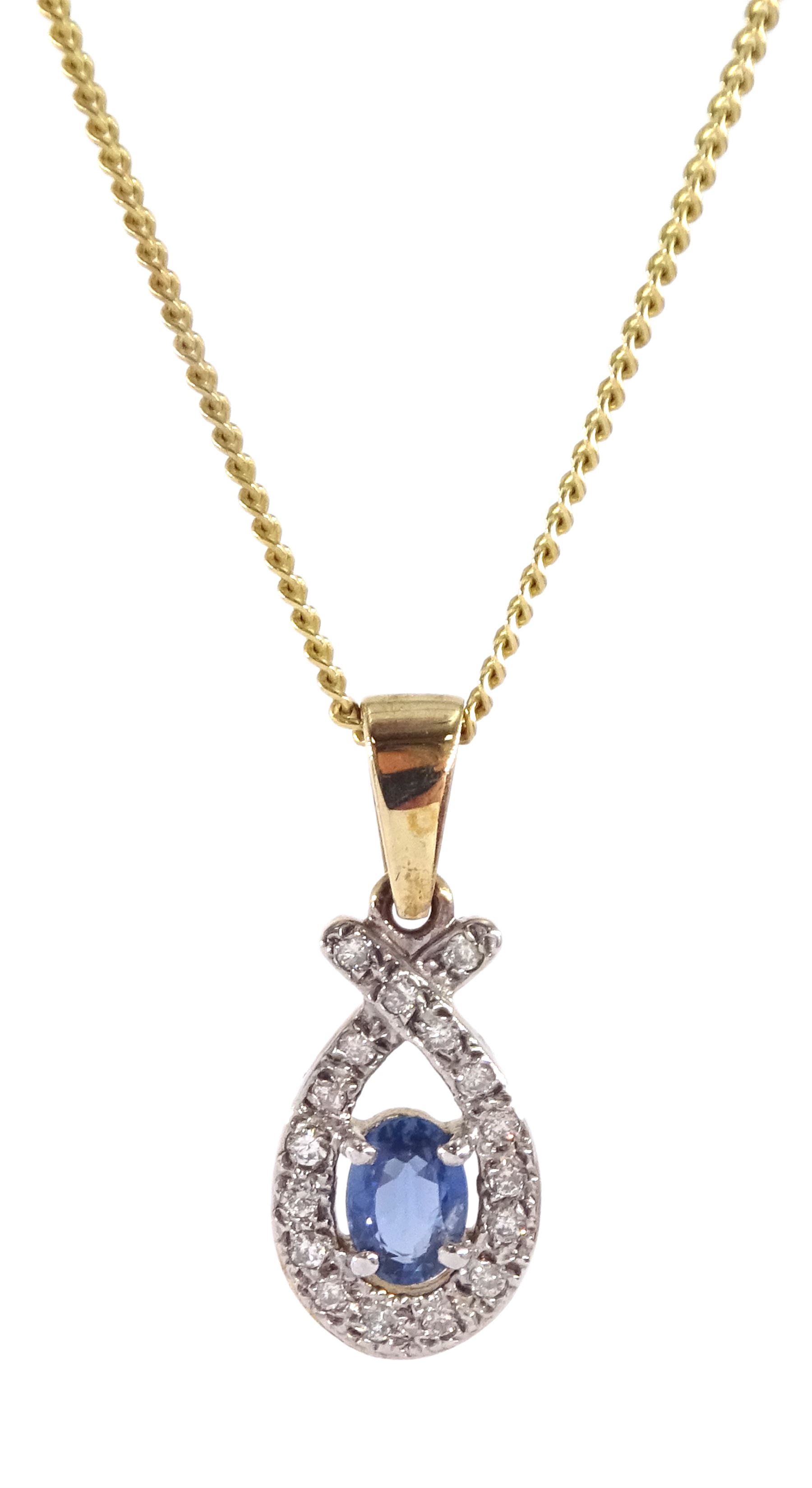 9ct gold sapphire and round brilliant cut diamond pendant necklace