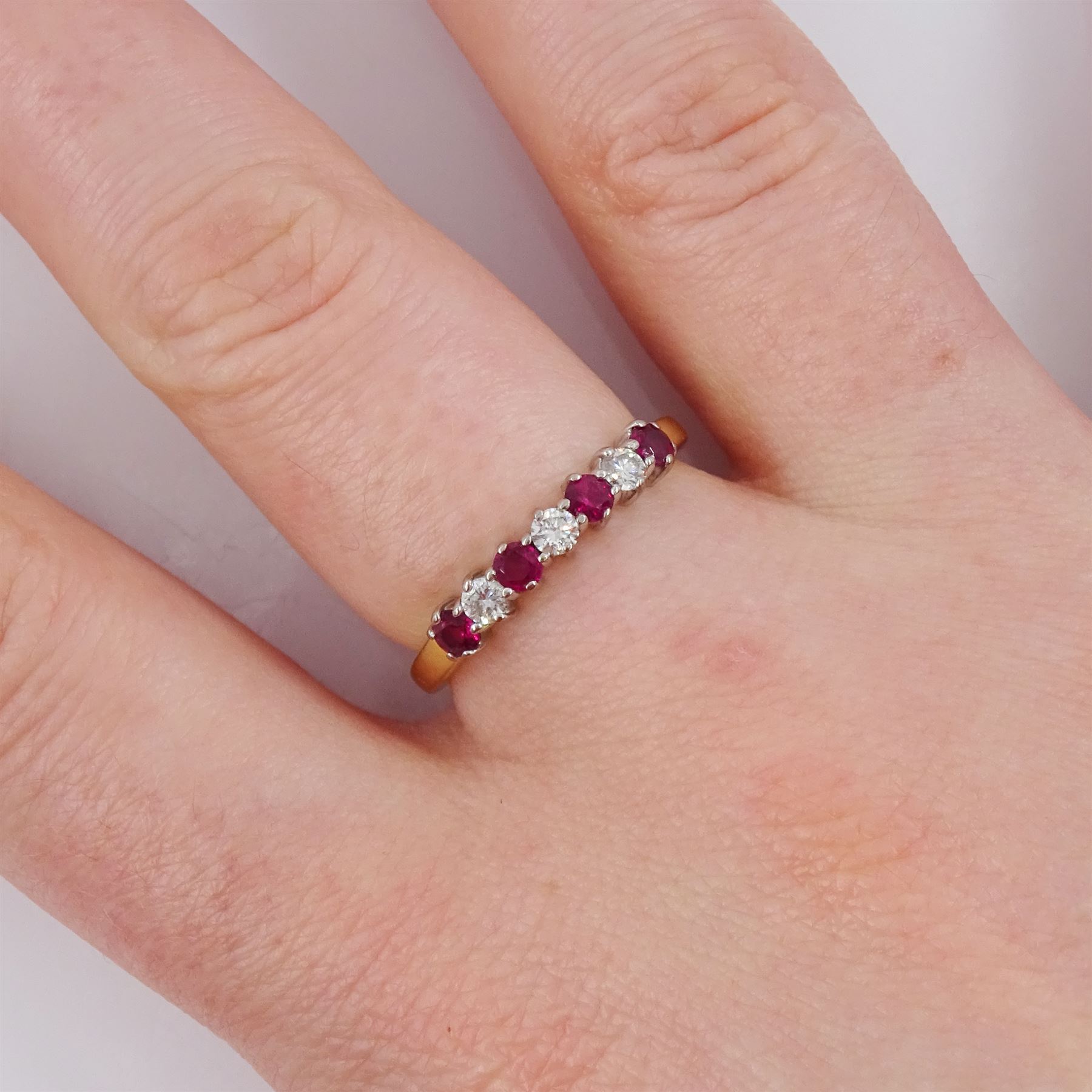 18ct gold seven stone ruby and round brilliant cut diamond half eternity ring - Image 2 of 4