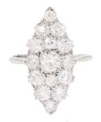 Early 20th century white gold old cut diamond marquise shaped cluster ring