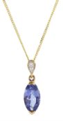 9ct gold marquise cut tanzanite and round brilliant cut diamond pendant necklace