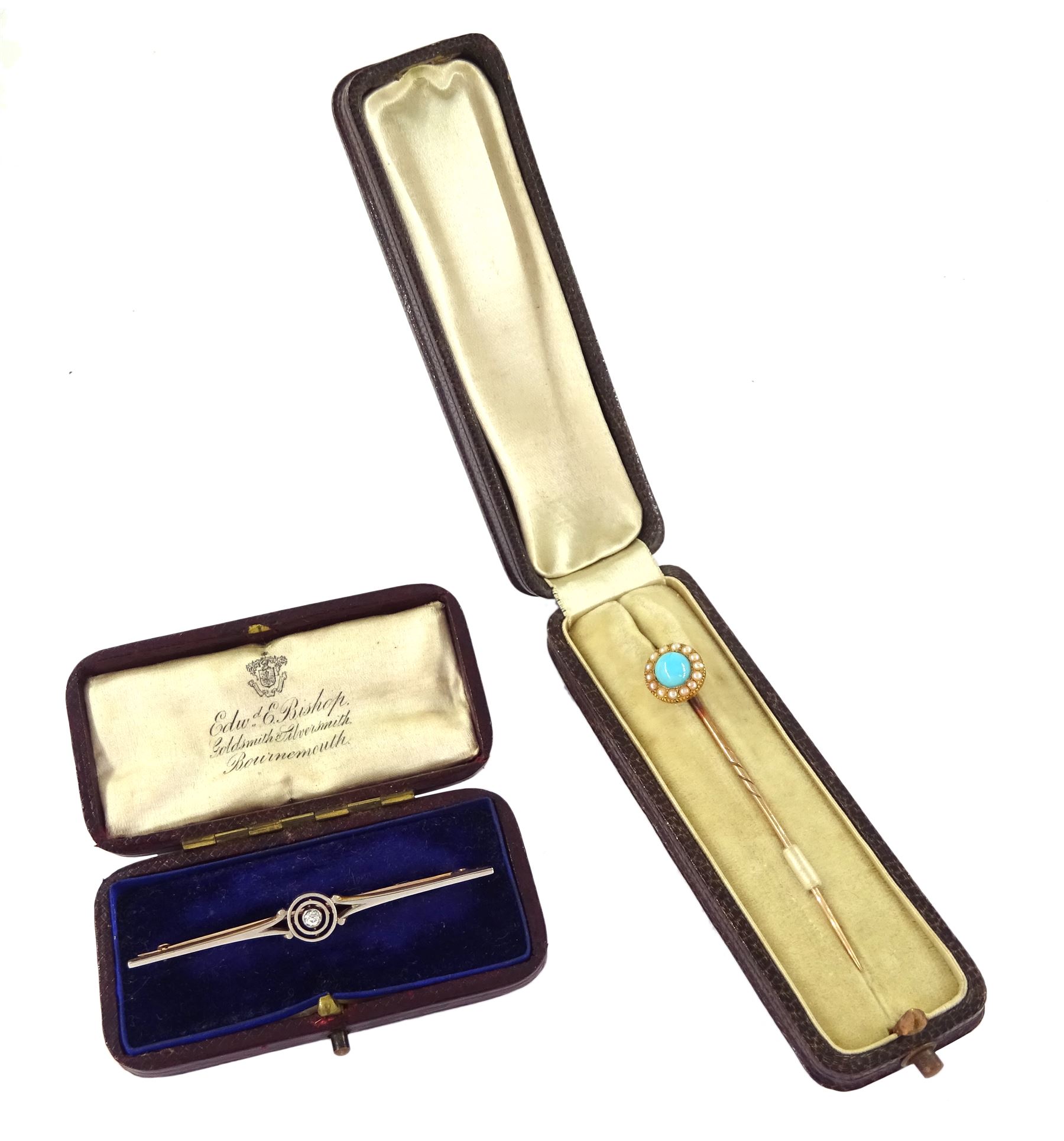 Early 20th century gold turquoise and pearl stick pin - Image 2 of 2