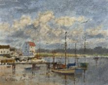 William Burns (British 1923-2010): 'Woodbridge Suffolk - Small Boats and Tide Mill'