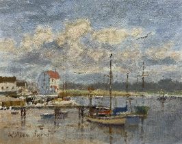 William Burns (British 1923-2010): 'Woodbridge Suffolk - Small Boats and Tide Mill'