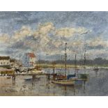 William Burns (British 1923-2010): 'Woodbridge Suffolk - Small Boats and Tide Mill'