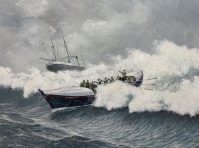 John Cooper (British 1942-): Coxswain Guiding a Boat at Heavy Seas