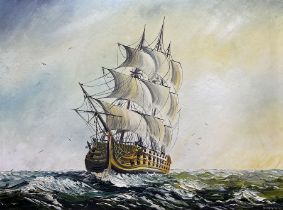 Michael J Whitehand (British 1941-): Sailing Ship in a Choppy Sea