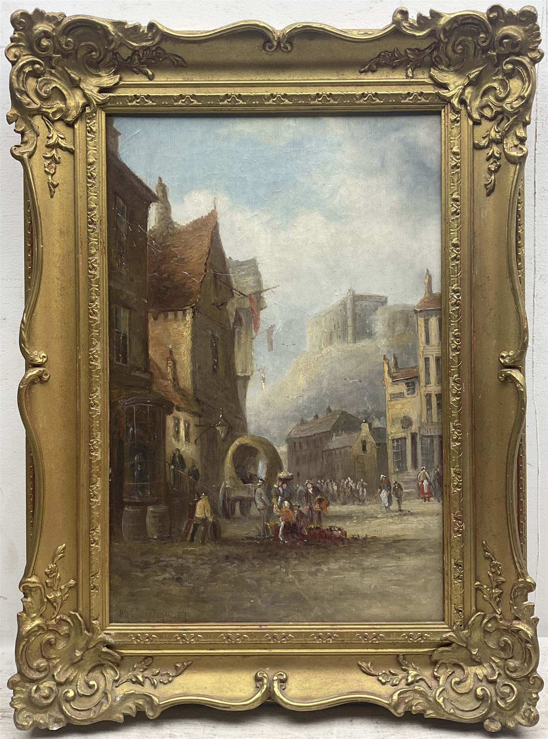 Alfred Montague (British 1832-1883): Continental Street Scene with Flower Sellers - Image 2 of 4