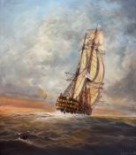 Michael J Whitehand (British 1941-): Galleon at Sunset