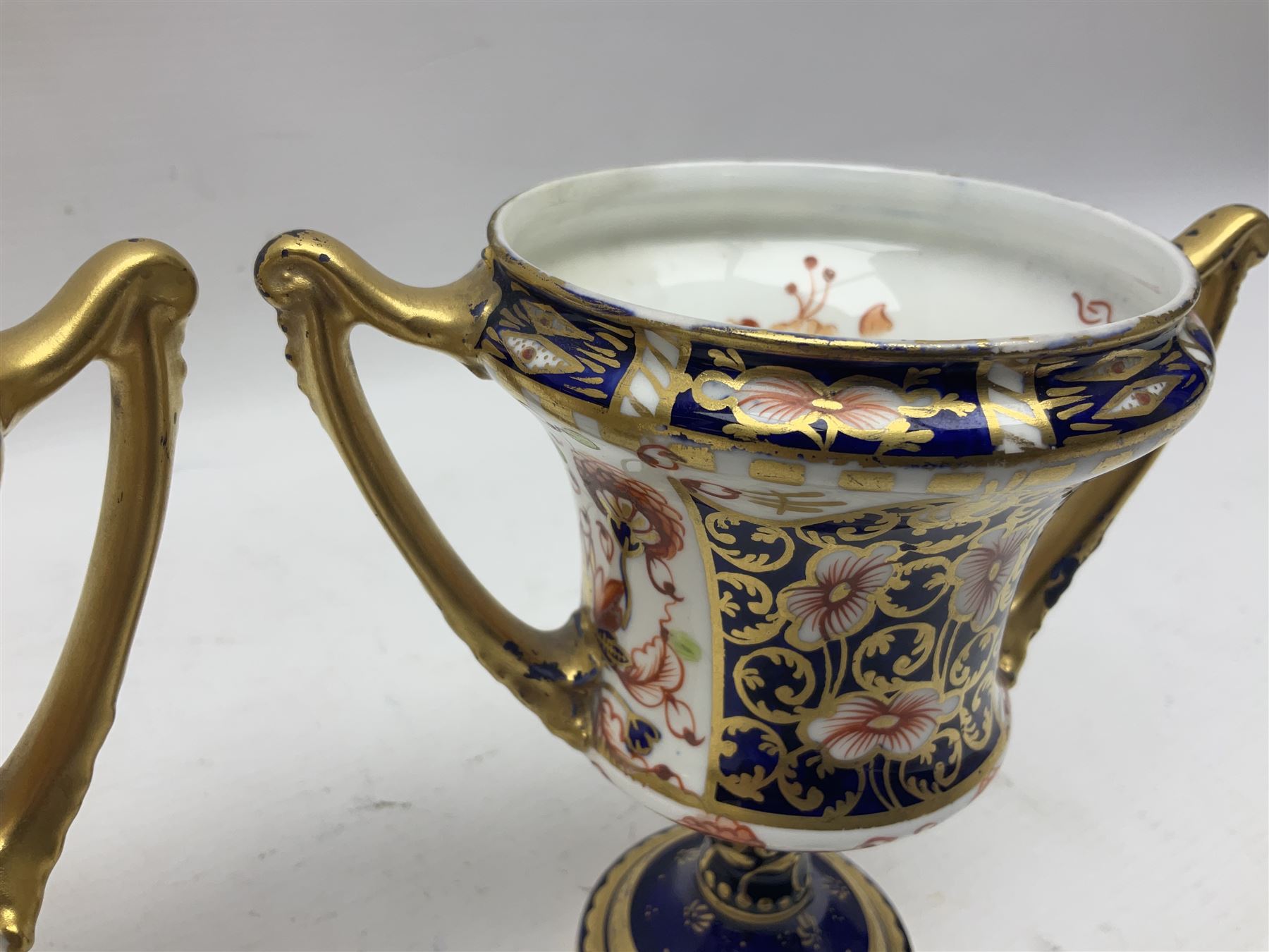 Pair of Royal Crown Derby 6299 Imari pattern twin handled trophy vases - Image 5 of 11