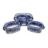 Three Victoria Ware blue and white footbaths