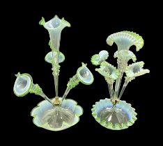 Two Victorian green Vaseline glass epergnes