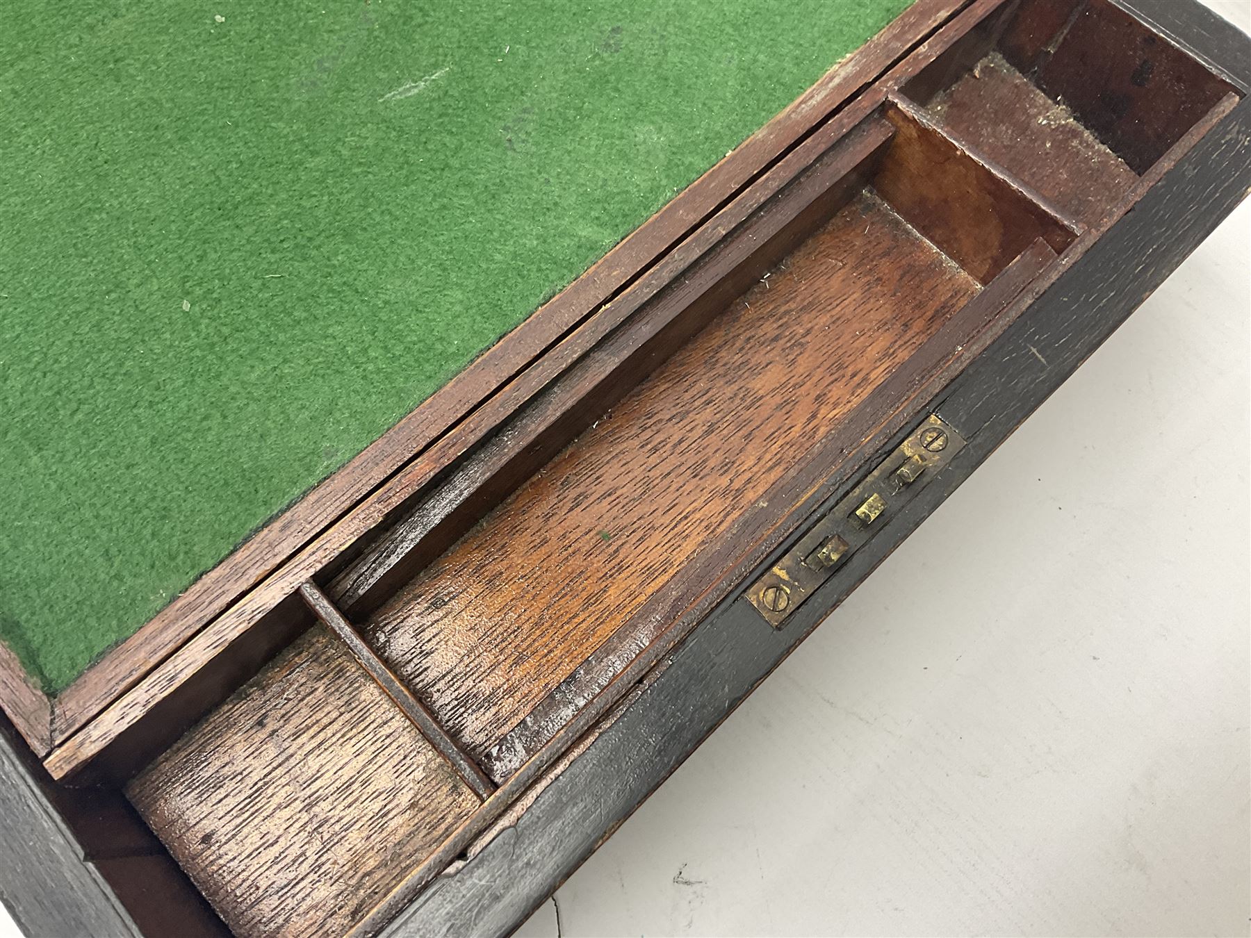 Victorian walnut and parquetry banded work box with brass shield and escutcheon - Image 12 of 14