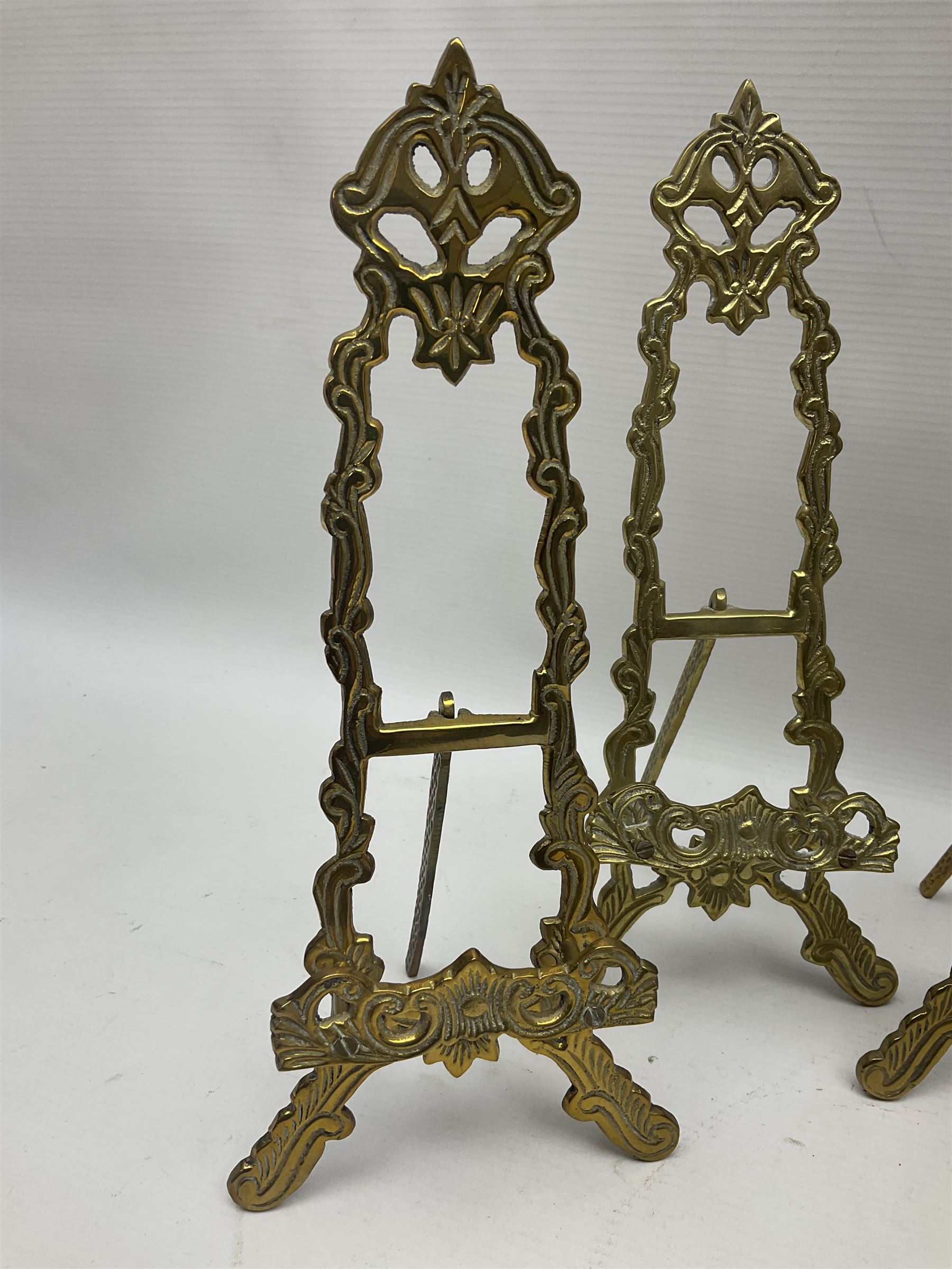 Set of six ornate cast brass easel stands - Image 2 of 10
