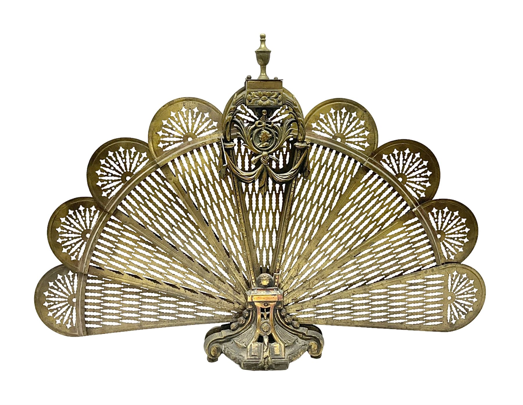 Pierced brass peacock style folding fire screen