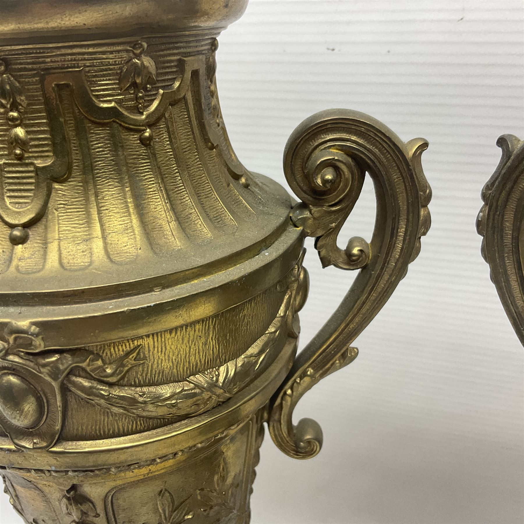 Pair of 19th century gilt metal twin handle urns - Image 6 of 27