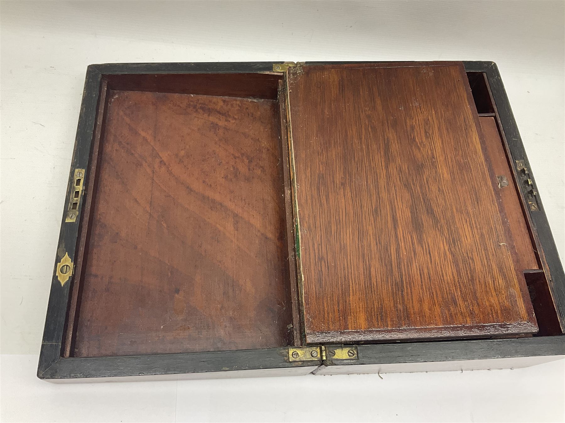 Victorian walnut and parquetry banded work box with brass shield and escutcheon - Image 10 of 14