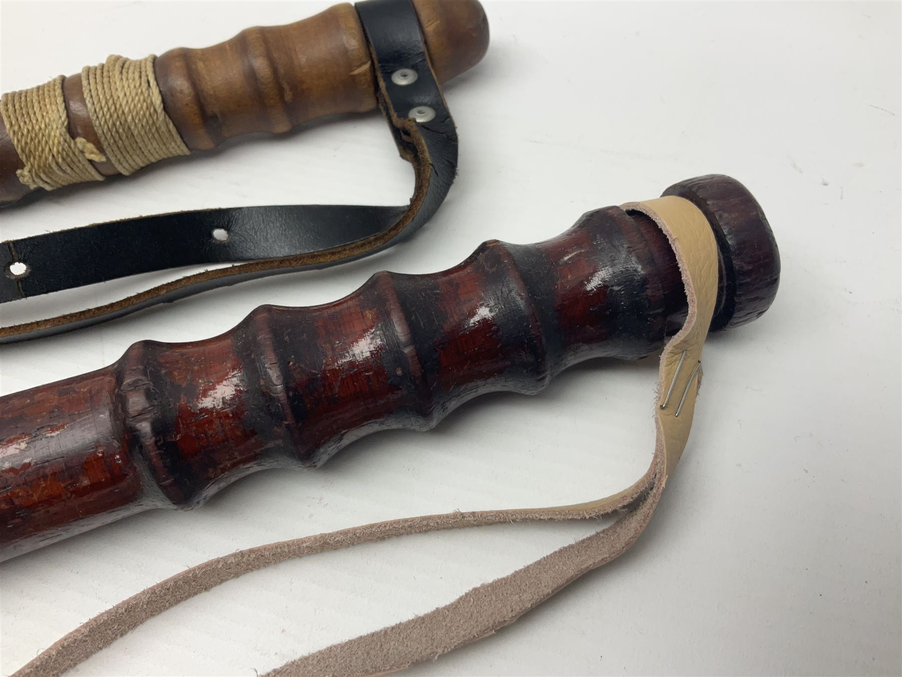 Two wooden truncheon with turned grips and leather straps - Image 2 of 14