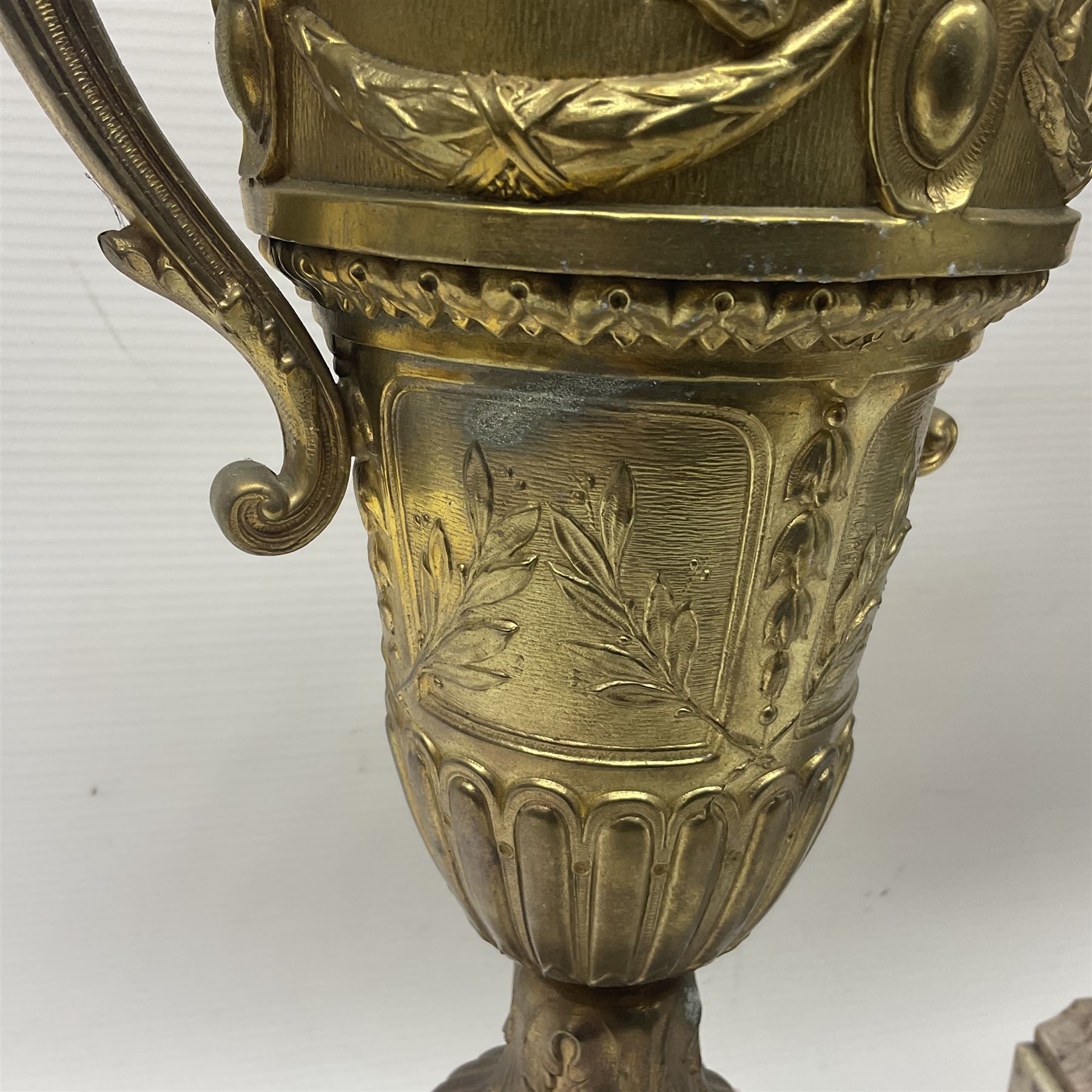 Pair of 19th century gilt metal twin handle urns - Image 8 of 27