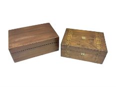 Victorian walnut and parquetry banded work box with brass shield and escutcheon