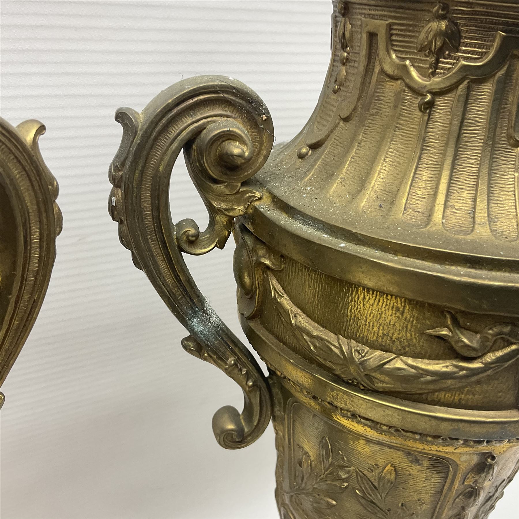Pair of 19th century gilt metal twin handle urns - Image 14 of 27