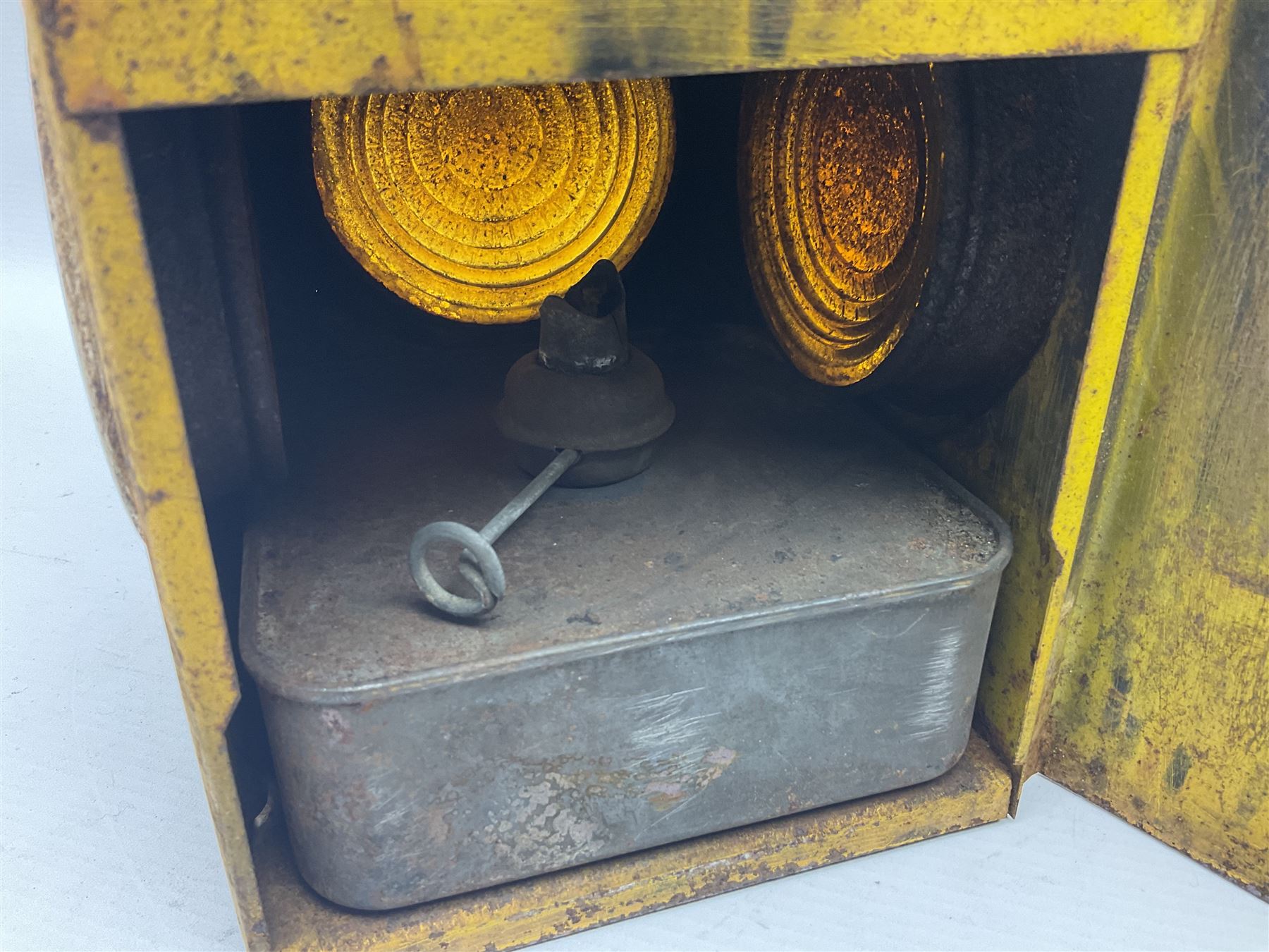 HCC yellow painted railway lamp and a British Coal Mining Company Wales brass miners lamp - Image 8 of 14