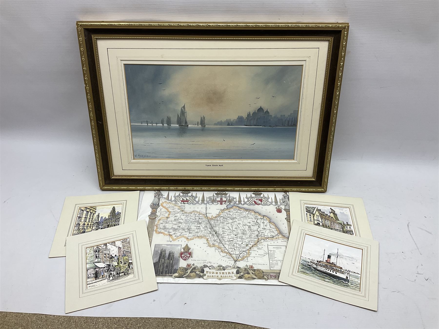 W. Marshall (20th century) - Town Dock Hull; watercolour; gilt frame; two Amy Johnson enamelled broo - Image 10 of 12