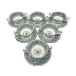 Six Wedgwood Florentine pattern twin handled soup bowls and saucers