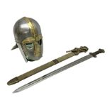 Re-enactors Viking helmet and sword in scabbard