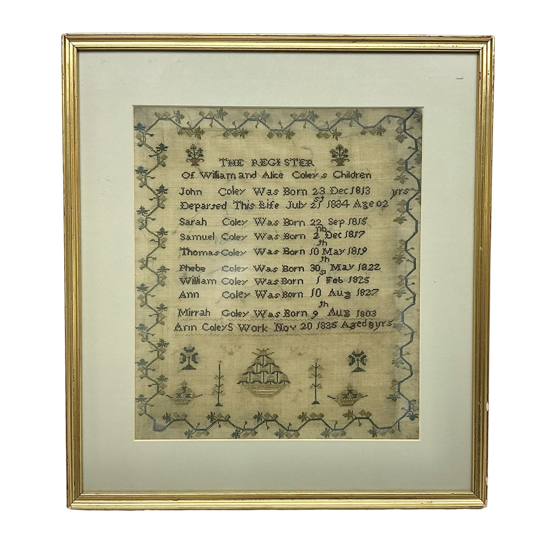William IV needlework sampler by Ann Coley aged 8 years