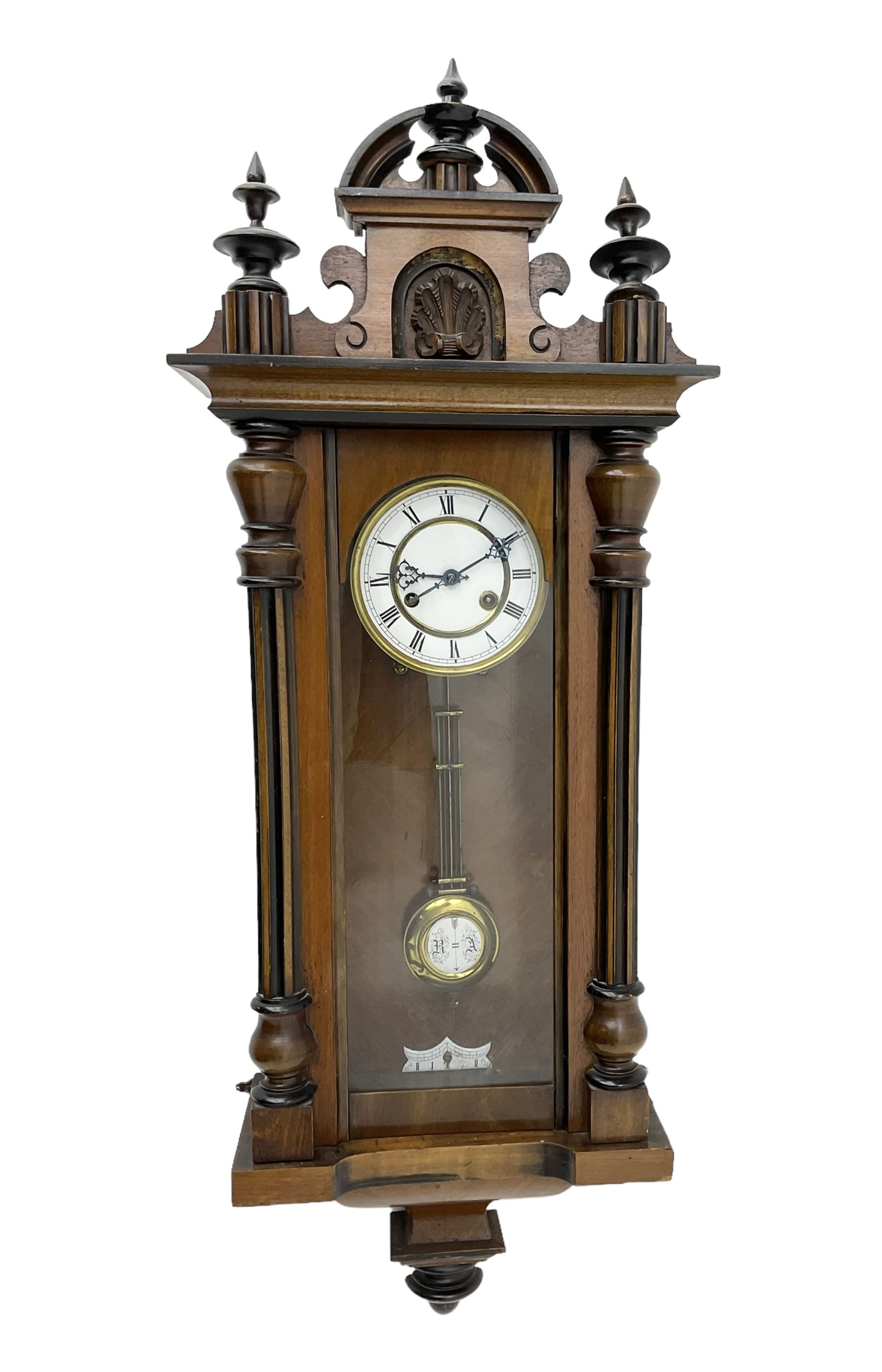 German - late19th century walnut and ebonised Vienna style wall clock