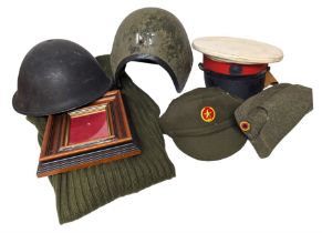 Royal Marine dress cap and two other military helmets