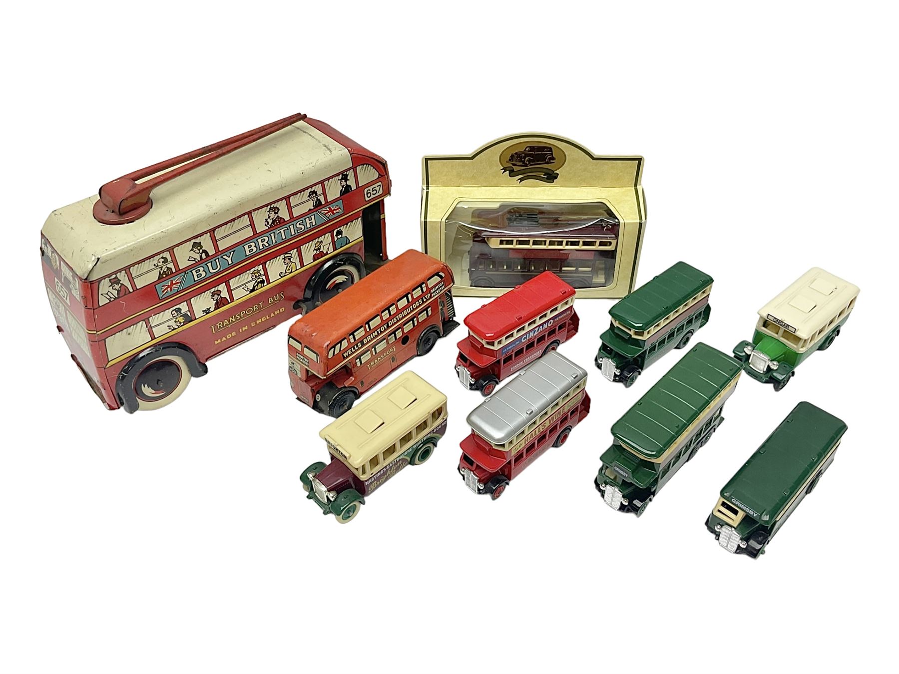 Two Brimtoy tin-plate model double decker buses