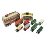 Two Brimtoy tin-plate model double decker buses