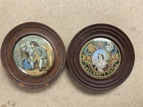 Two framed Victorian Pratt ware pot lids