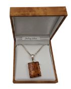 Silver rectangular Baltic amber pendant necklace