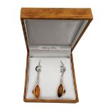 Pair of silver Baltic amber pendant earrings