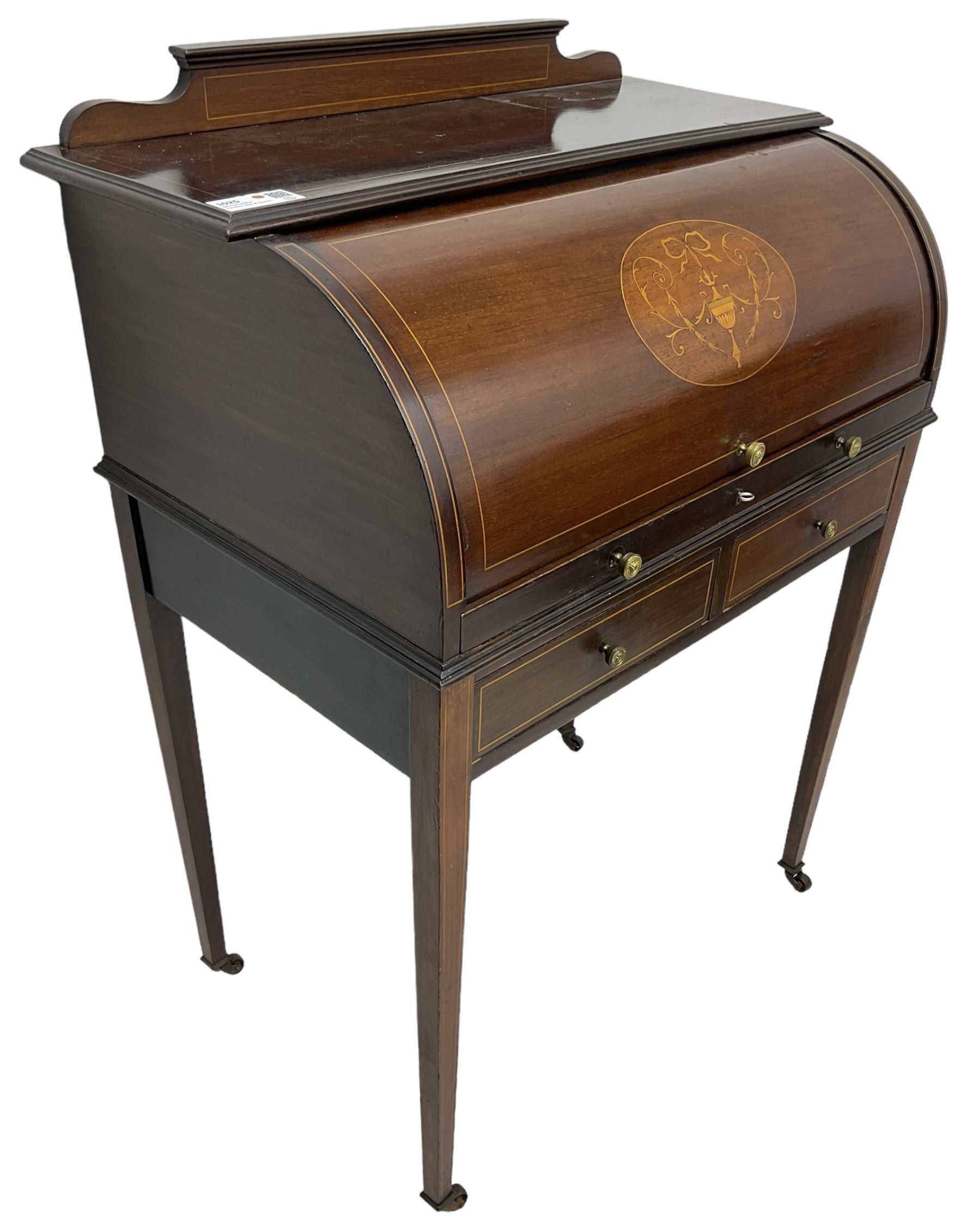 Edwardian inlaid mahogany and satinwood strung cylinder desk - Image 6 of 7