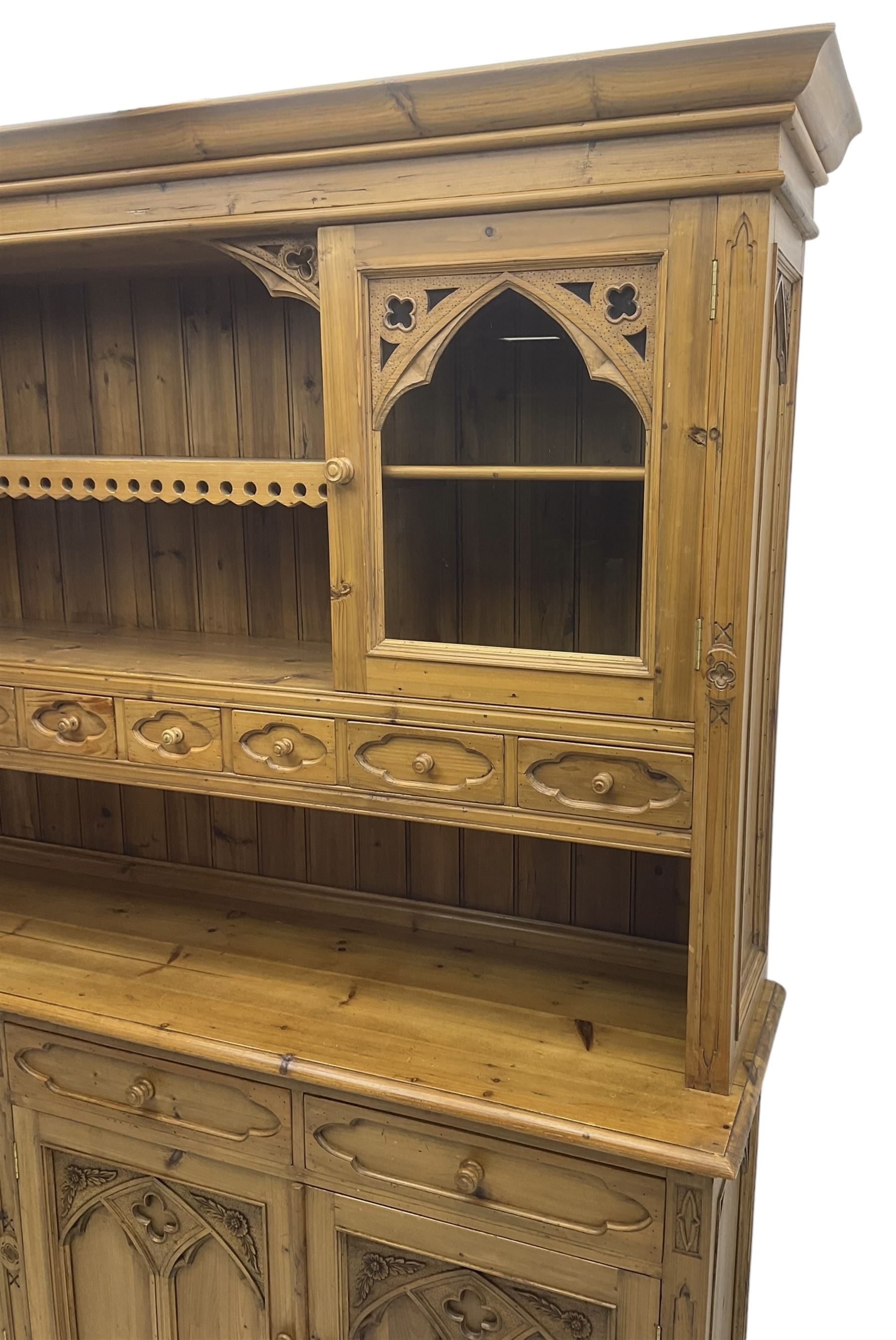 Ecclesiastical Gothic design waxed pine 8’ dresser - Image 4 of 8