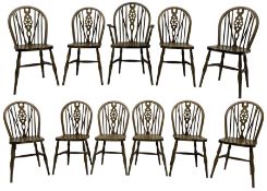 Set of nine (8+1) 20th century stained beech wheel back dining chairs