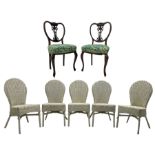 Set of five white painted wicker chairs; together with two late Victorian chairs