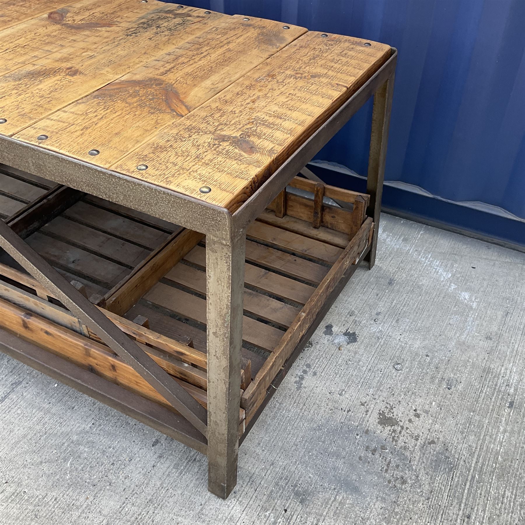 Large reclaimed industrial wrought metal and pine table - Image 6 of 6