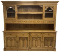 Ecclesiastical Gothic design waxed pine 8’ dresser