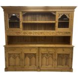 Ecclesiastical Gothic design waxed pine 8’ dresser