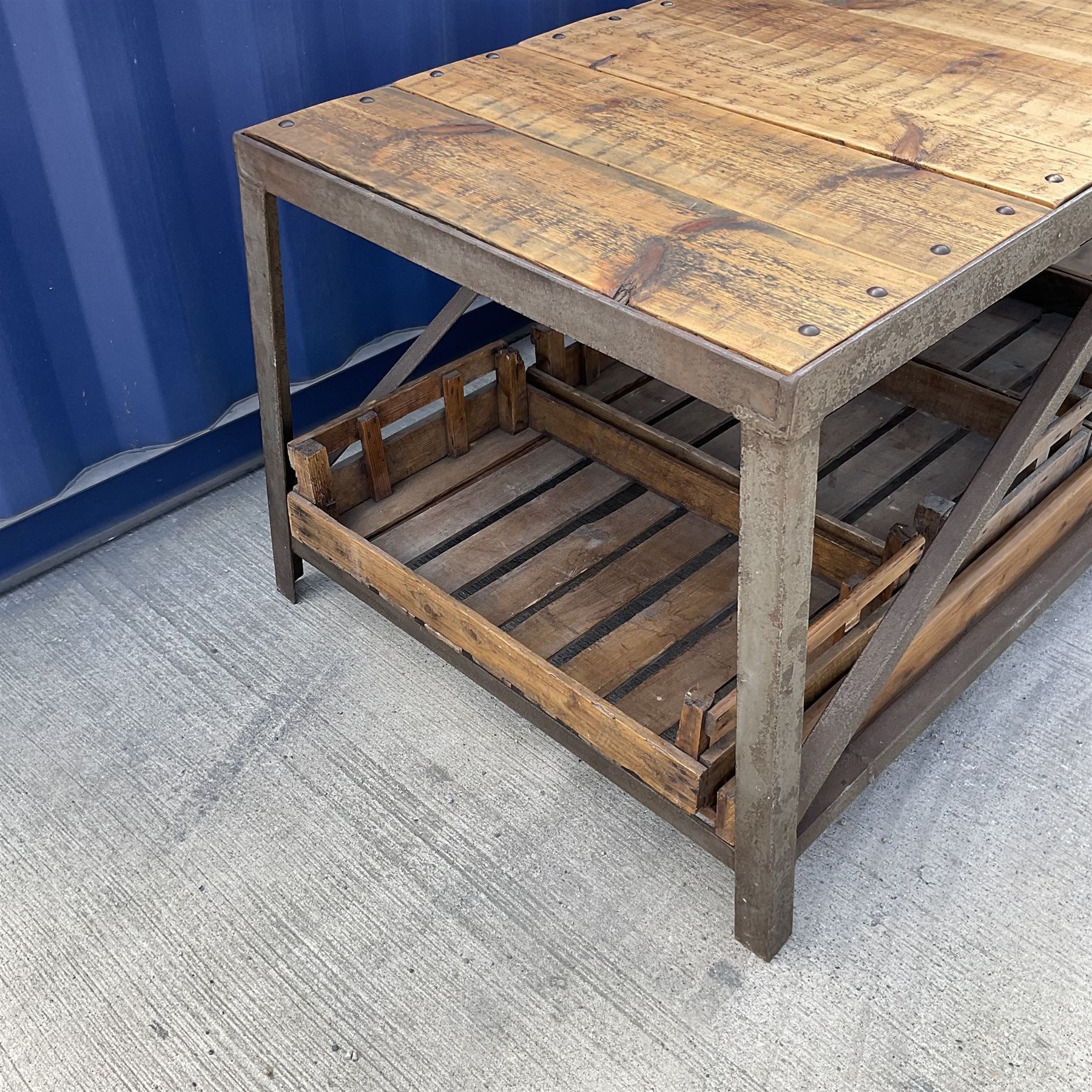 Large reclaimed industrial wrought metal and pine table - Image 2 of 6