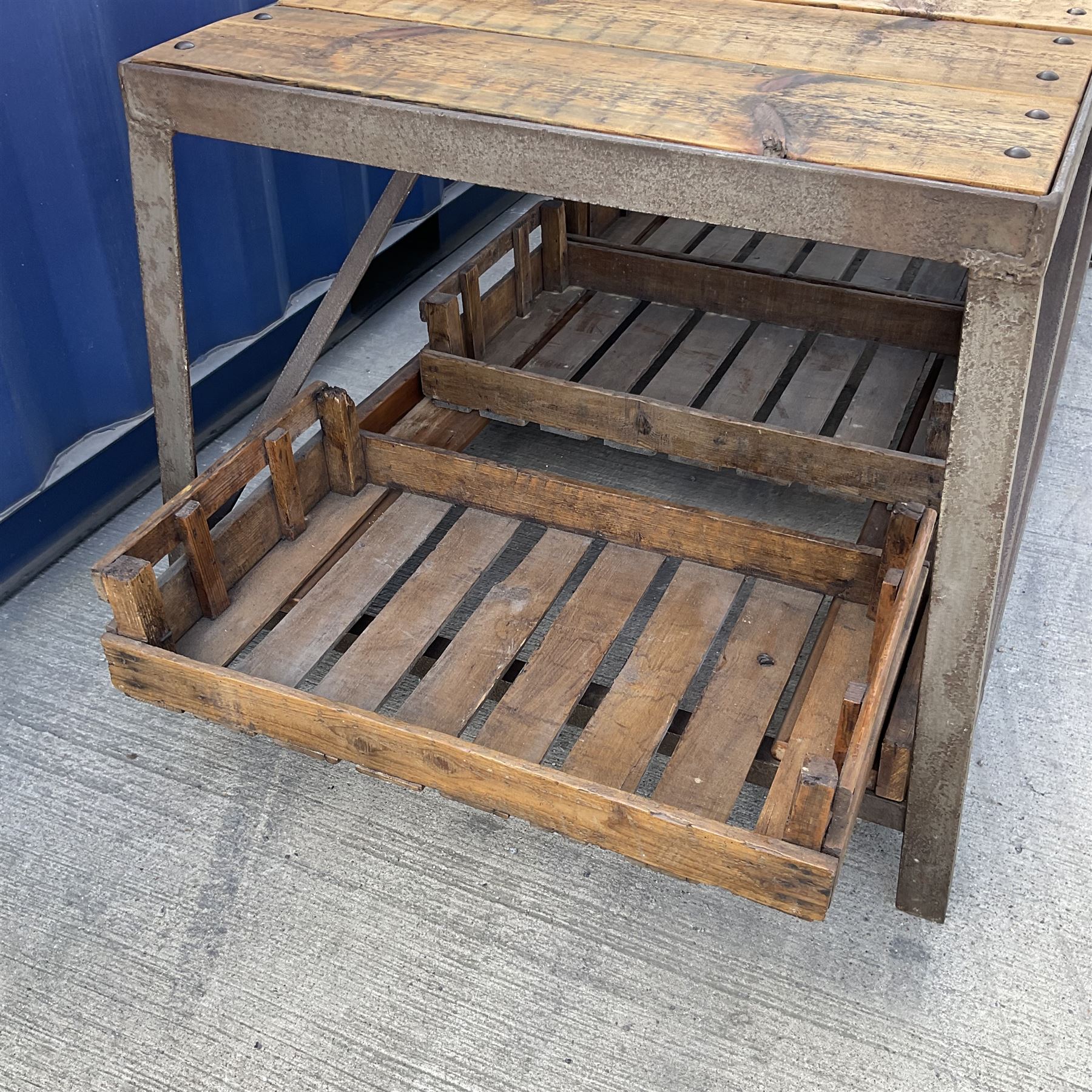 Large reclaimed industrial wrought metal and pine table - Image 4 of 6