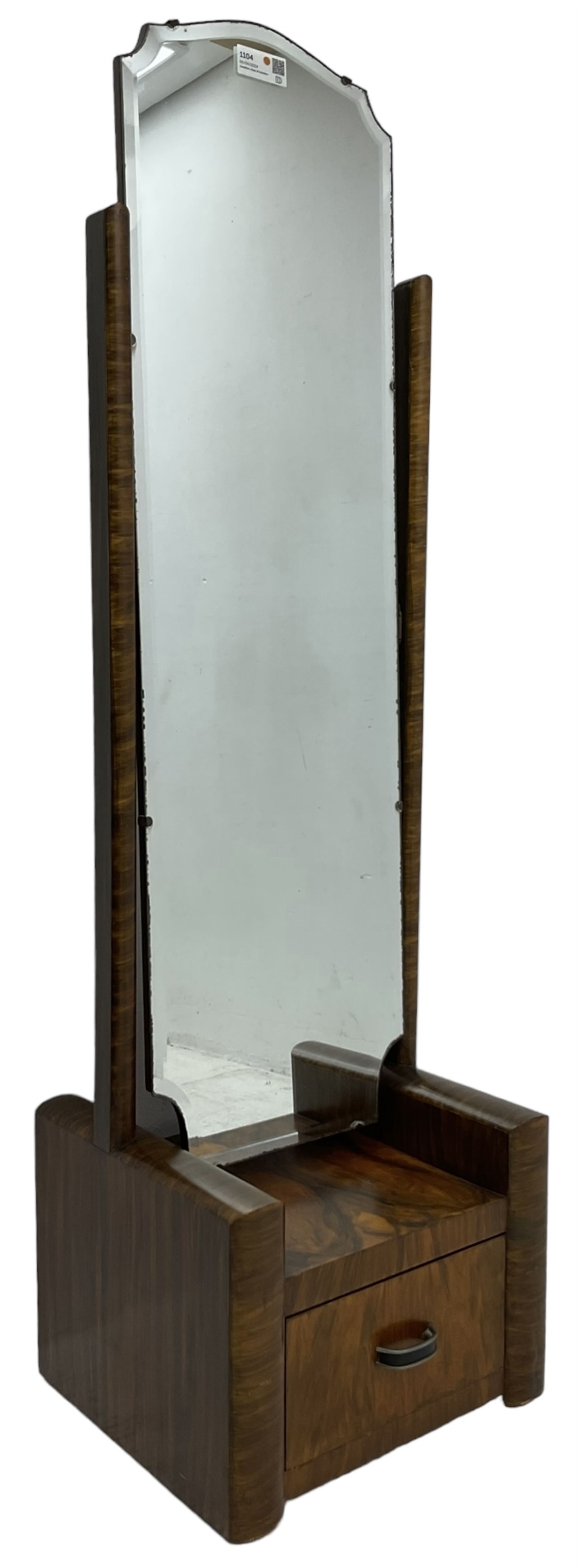 Art Deco period figured walnut cheval dressing mirror