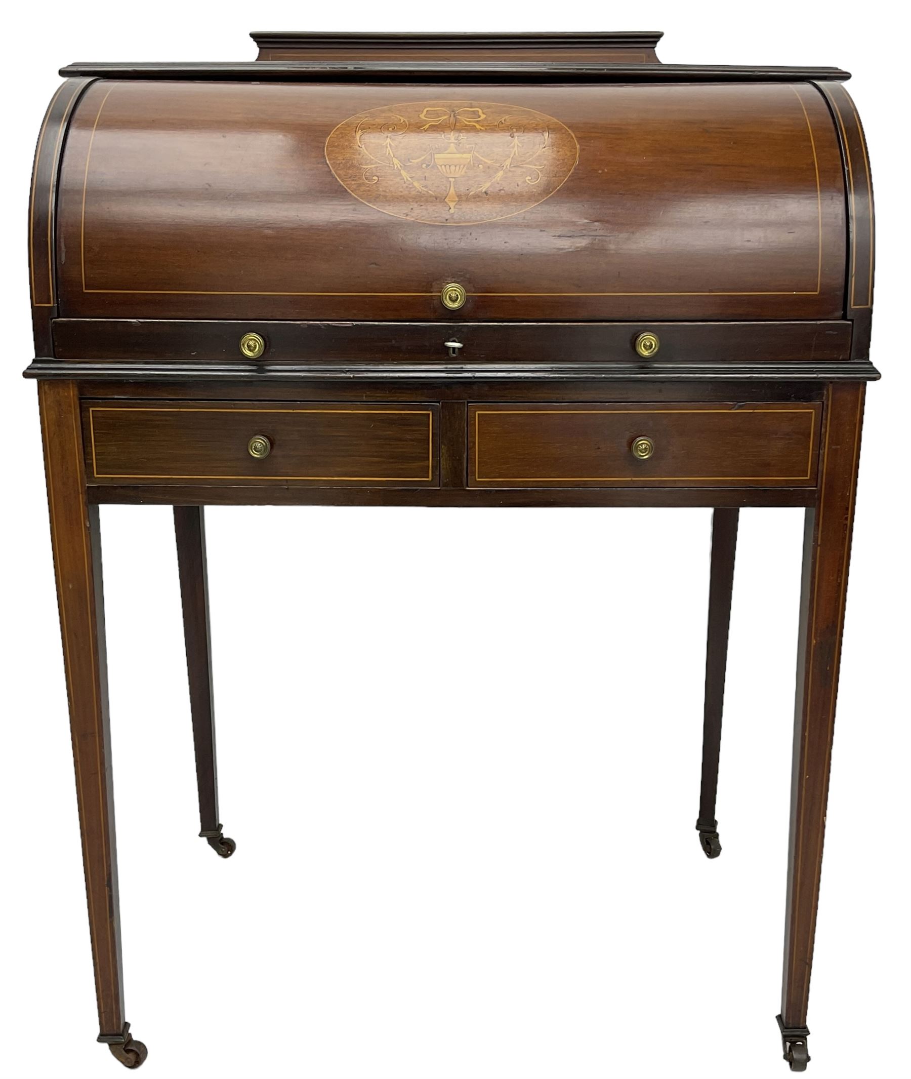 Edwardian inlaid mahogany and satinwood strung cylinder desk