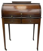 Edwardian inlaid mahogany and satinwood strung cylinder desk