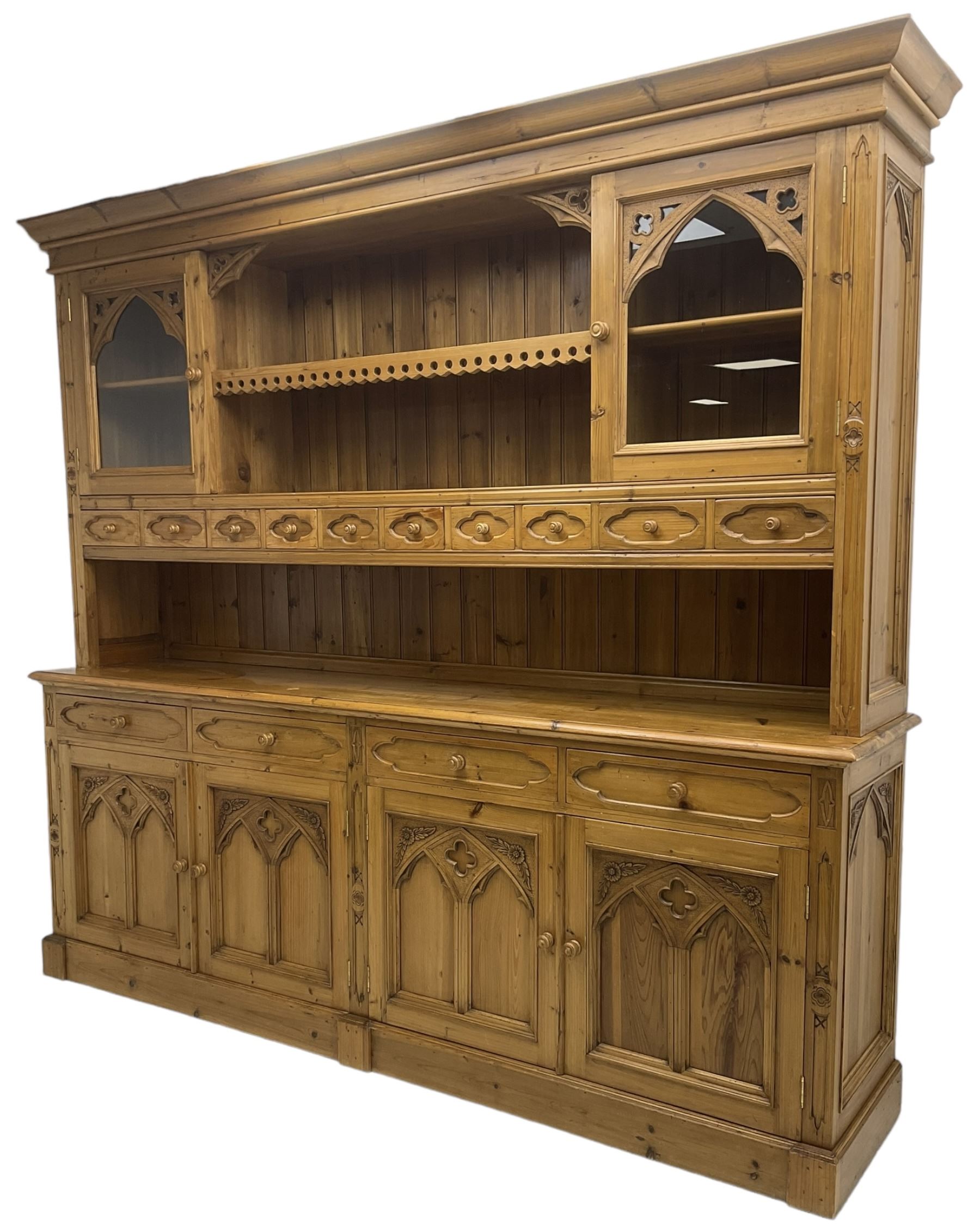 Ecclesiastical Gothic design waxed pine 8’ dresser - Image 3 of 8